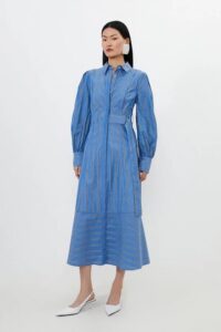 Cotton Stripe Belted Woven Midaxi Dress