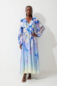 Ombre Floral Silk Cotton Plunge Maxi Dress