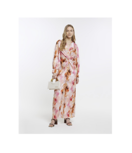 Pink Marble Print Twist Front Midi Dress