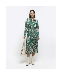 Green Abstract Belted Midi Shirt Dress
