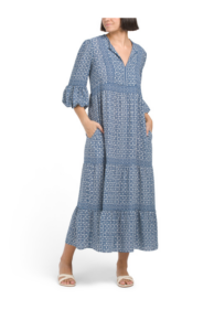 Three-quarter Sleeve Tiered Maxi Dress