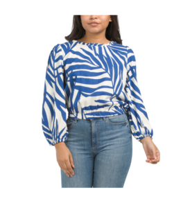 Palm Print Linen Blend Top with Ruffle Boat Neckline