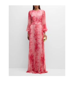 Pleated Floral-print Blouson-sleeve Gown