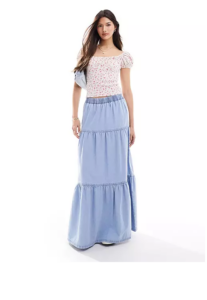 Chambray Tiered Maxi Skirt in Acid Blue Wash