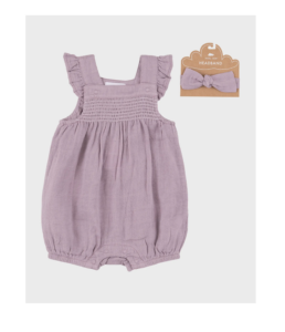 Girl's Dusty Lavender Smocked Overalls and Headband Set, Size Newborn-24mp