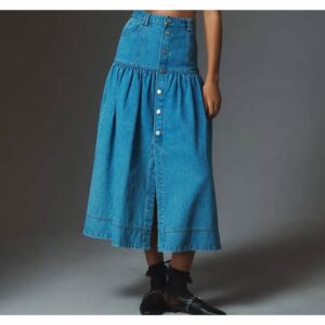 Moon River Basque-waist Denim Midi Skirt