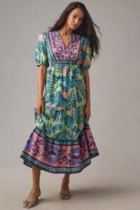 Short-sleeve Tiered A-line Midi Dress