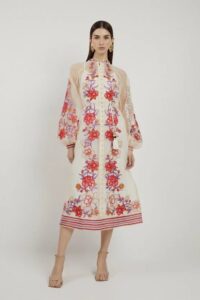 Floral Placed Embroidery Organdie Woven Midi Dress