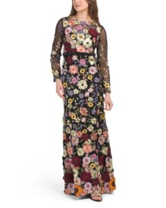 Long Sleeve Floral Embroidered Gown