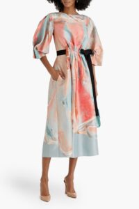 Belted Printed Silk-shantung Midi Dress