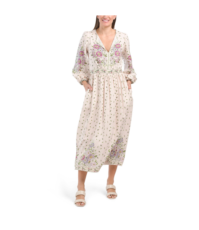 Sale on MAX STUDIO Elbow Sleeve Linen Blend Floral Dress