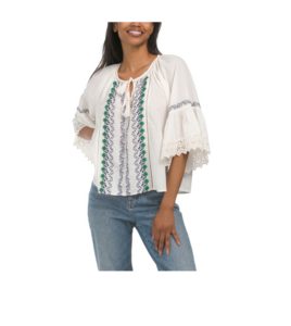 Short Sleeve Embroidered Top with Tassels
