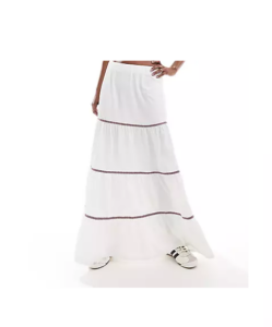 Low Rise Maxi Boho Skirt in White with Lace Trim