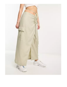 Weekday Fold Linen Blend Cargo Midi Skirt in Khaki