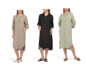 Three-quarter Sleeve Linen Blend Shirt Dress