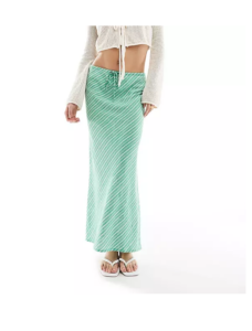 Linen Blend Maxi Skirt in Green Stripe