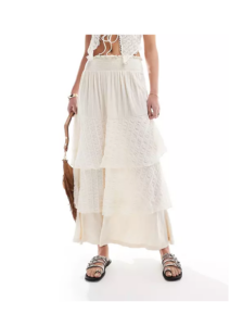 Crinkle Lace Rara Hem Maxi Skirt in Ivory