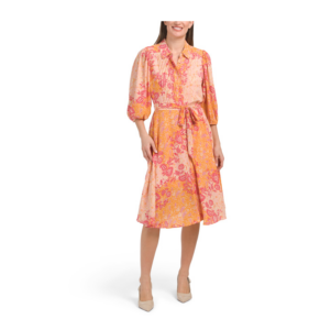 Pintuck Floral Dress with Tie Belt