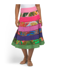 Linen Blend Rainbow Mixed Prints Tiered Midi Skirt