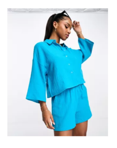 Textured Cropped Shirt in Blue