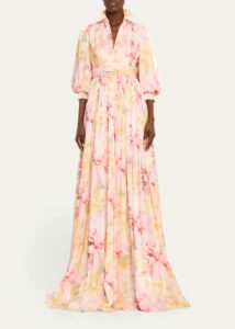 Blouson-sleeve Shimmer Floral-print Gown