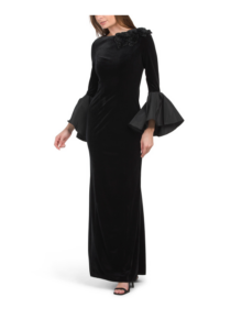 Floral Applique Velvet Gown with Bell Sleeves