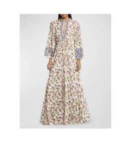 Berry-print Flutter-sleeve Silk Gown