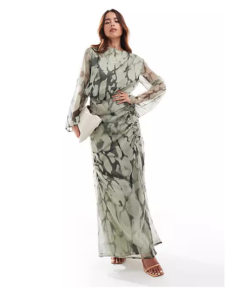 Ruched Drape Detail Maxi Dress in Green Marble Print
