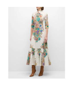 Bouquet Floral-print 3/4-sleeve Cotton Maxi Dress