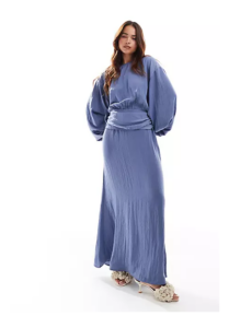 High Neck Batwing Ruched Waist Satin Maxi Dress in Slate Blue