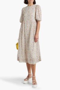 Pleated Floral-print Crepe Midi Dress