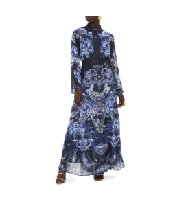 Floral Cutwork Lace Collar Long Sleeve Silk Shirtdress