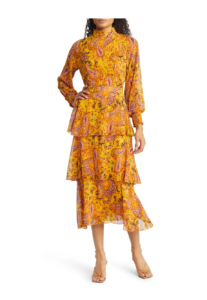 Paisley Long Sleeve Tiered Chiffon Midi Dress