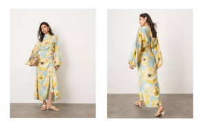 Satin Volume Blouson Sleeve Satin Midi Dress in Large Floral Print