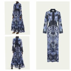 Delft Dynasty Chiffon Maxi Dress with Cutwork Lace Collar