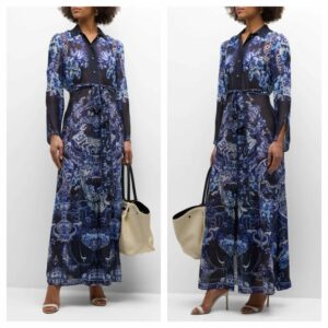 Delft Dynasty Chiffon Maxi Dress with Cutwork Lace Collar