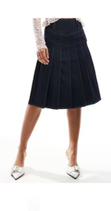 Pleated Denim Knee Length Skirt in Indigo Blue