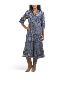 Short Sleeve Mixed Print Denim Dress