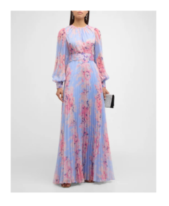 Pleated Floral-print Blouson-sleeve Gown