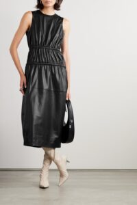 Tiered Gathered Faux Leather Midi Dress