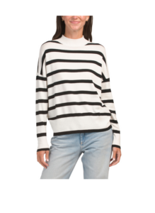 Striped Mock Neck Drop Shoulder Pull over Sweater