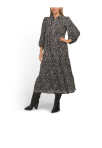 Three-quarter Sleeve Collar Button Front Tiered Maxi Dress