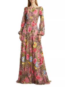 Embellished Floral Balloon-sleeve Gown