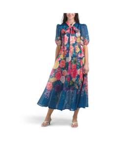 Short Sleeve Floral Tie Neck Dress