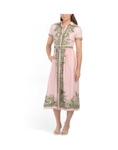 Linen Blend Button Front Belted Maxi Shirt Dress