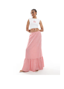 Tiered Hem Maxi Skirt in Red Gingham Print