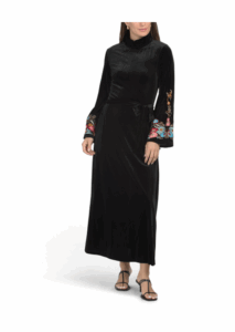 Bell Sleeve Embroidered Velvet Maxi Dress