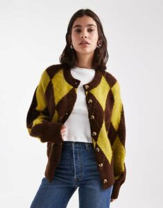 argyle oversized boxy cardigan in beige and mint