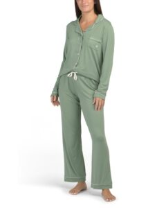Notch Collar Top and Drawstring Pants Pajama Set with Contrast Piping