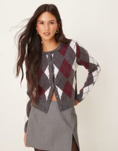 Glamorous Argyle Print Cardigan In Gray Multi Print